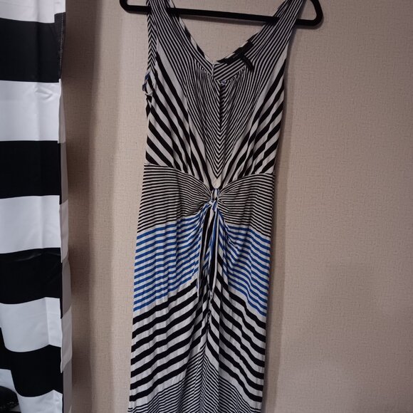 BCBG MAXAZRIA Dress Larkspur Blue Multi Grey White Black Faux Knot Striped - Picture 2 of 7
